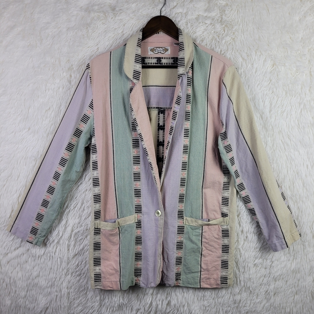 Vtg Angelique Womens S Hipster Pastel Striped Jacket Boho Oversized Southwestern